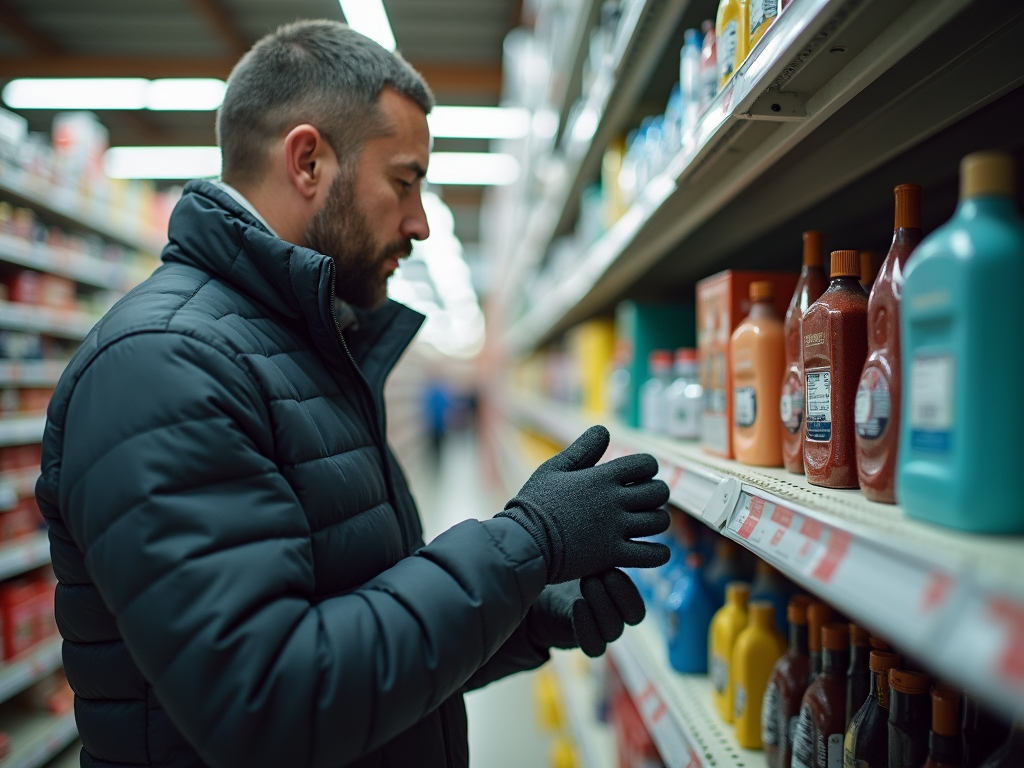 Choosing gloves in a hardware store
