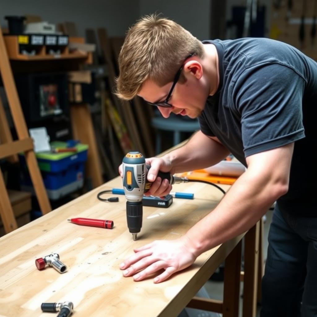 A novice learning to use a power drill with guidance from an experienced user.