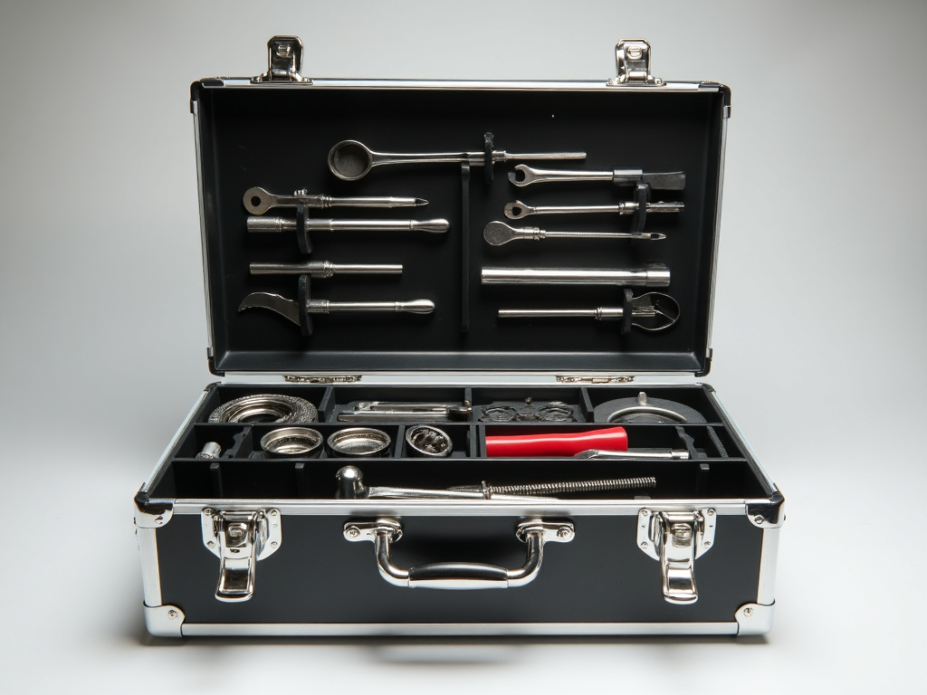 Open metal toolbox showing neatly organized tools in compartments.