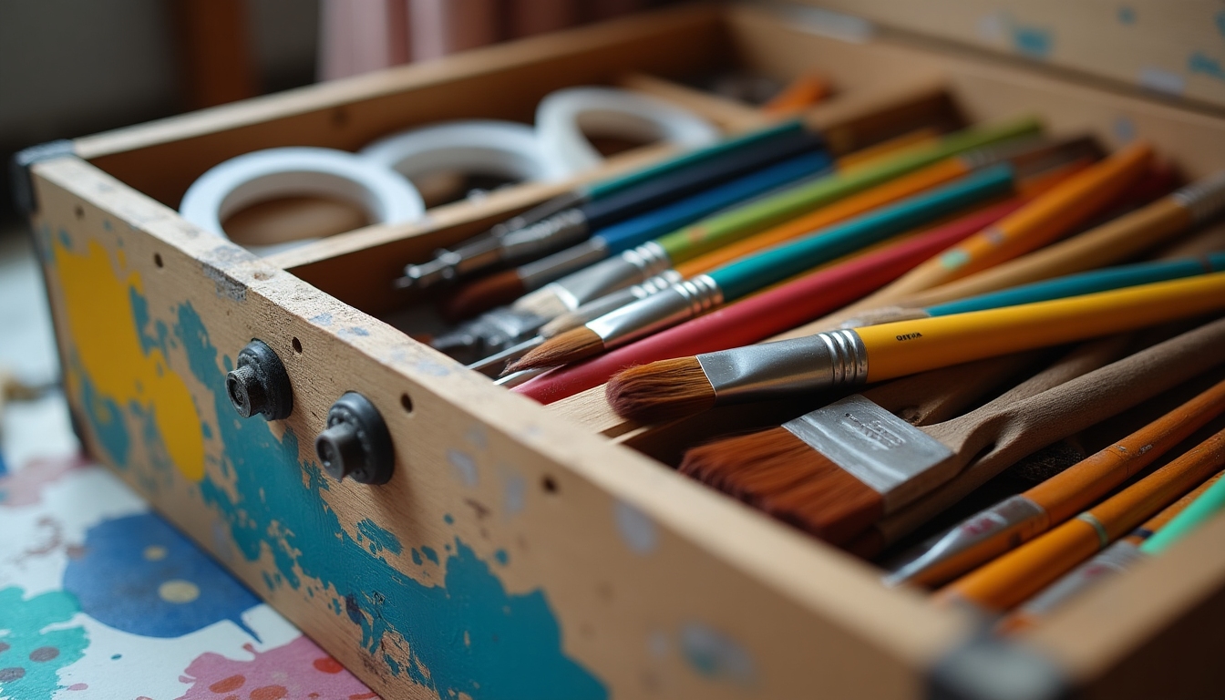 Painter's toolbox with compartments for brushes, tape, and other materials.