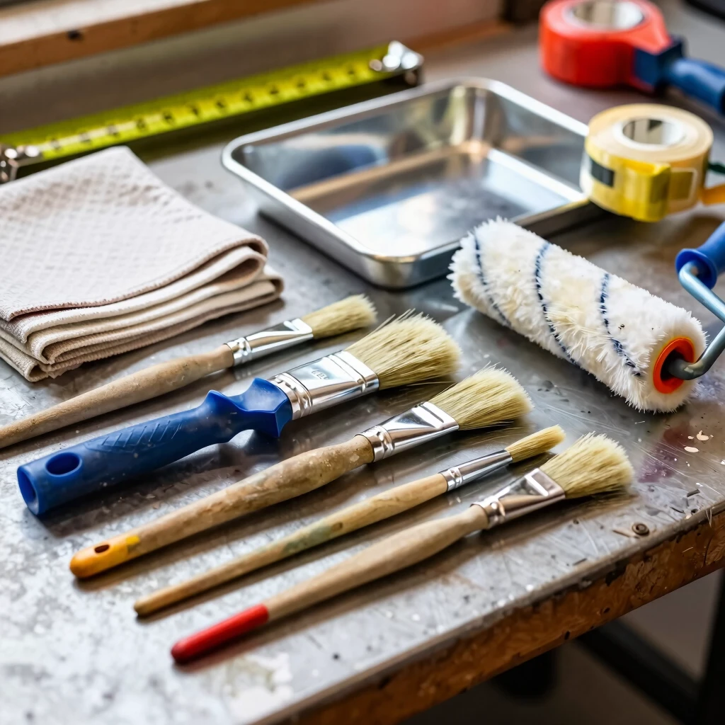 Organized array of essential painting tools including brushes and rollers