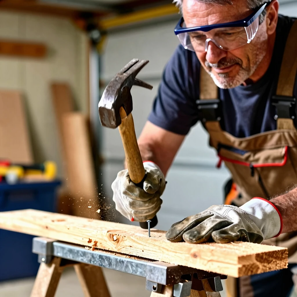 DIY enthusiast safely using a hammer in garage