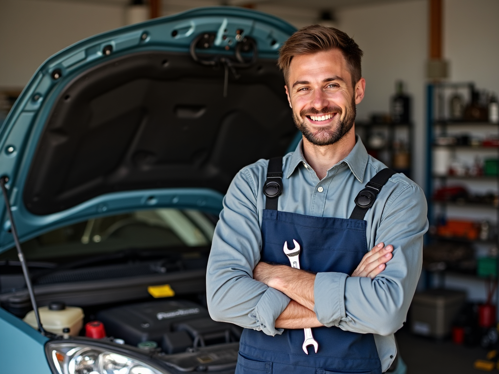 A happy DIY mechanic with a socket wrench, proud of a successful car repair.