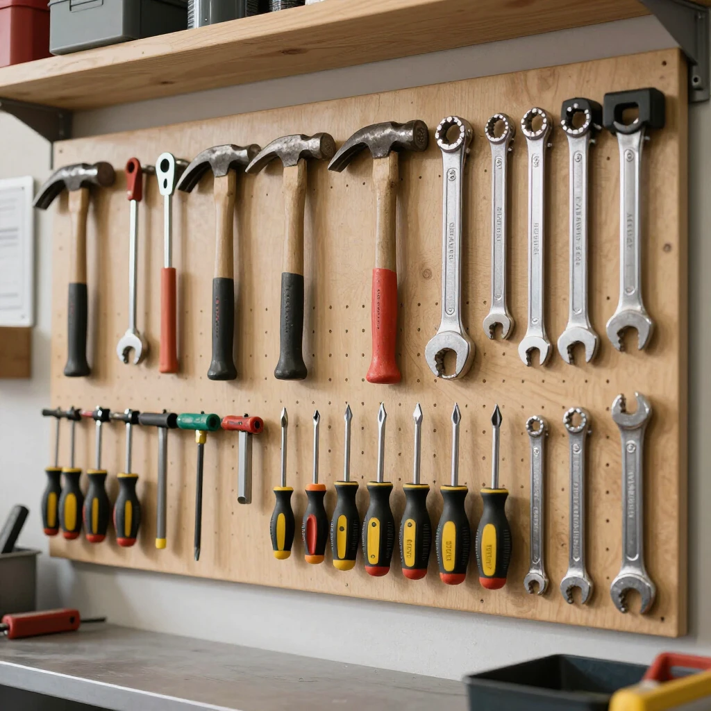 Pegboard storage system for workman tools including hammers and other essentials