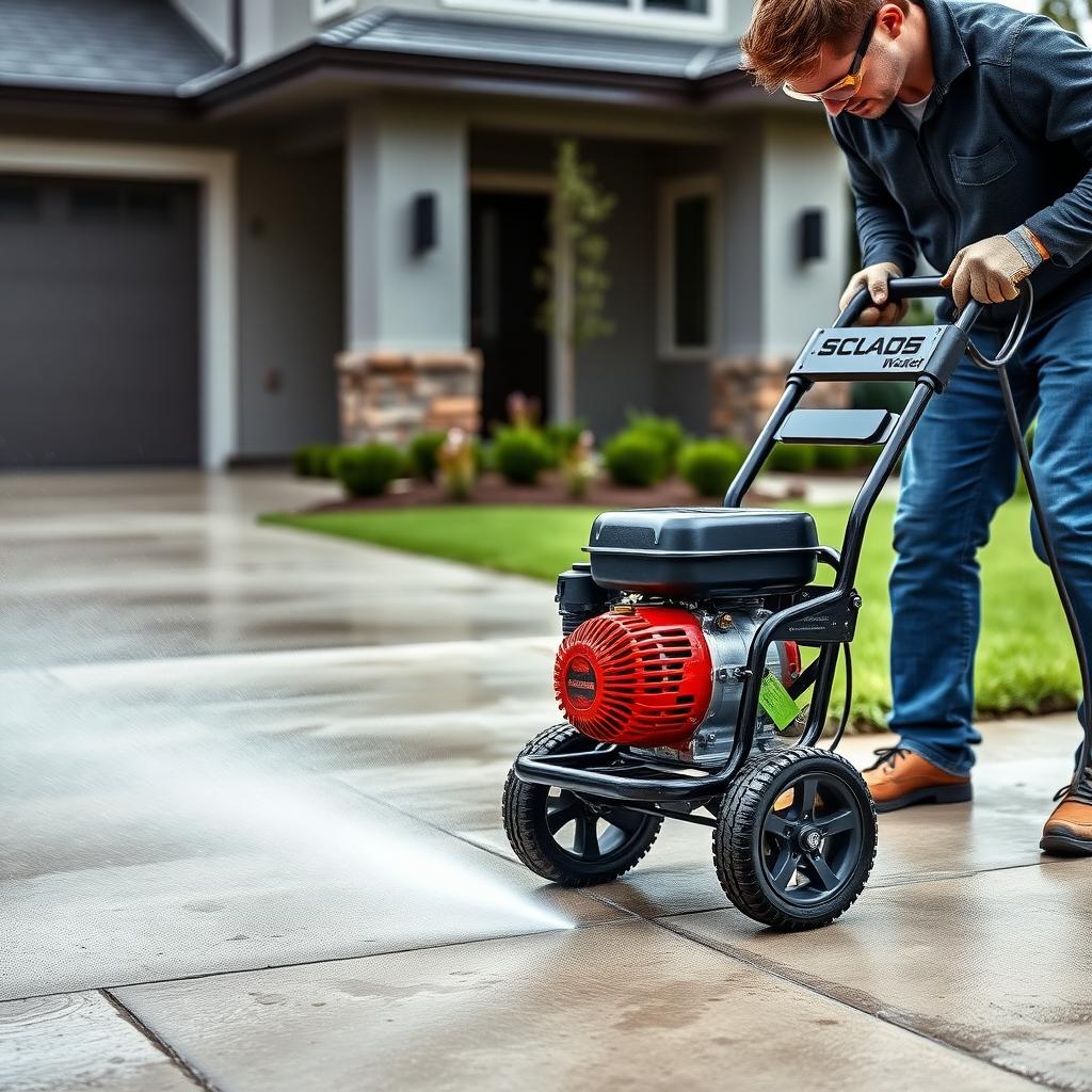 A person using a gas-powered power washer to clean a concrete driveway in front of a modern house.