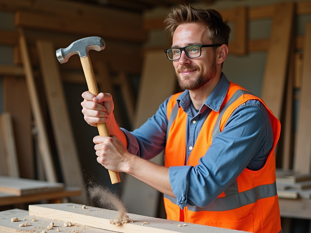 Carpenter swinging an ergonomic hammer comfortably
