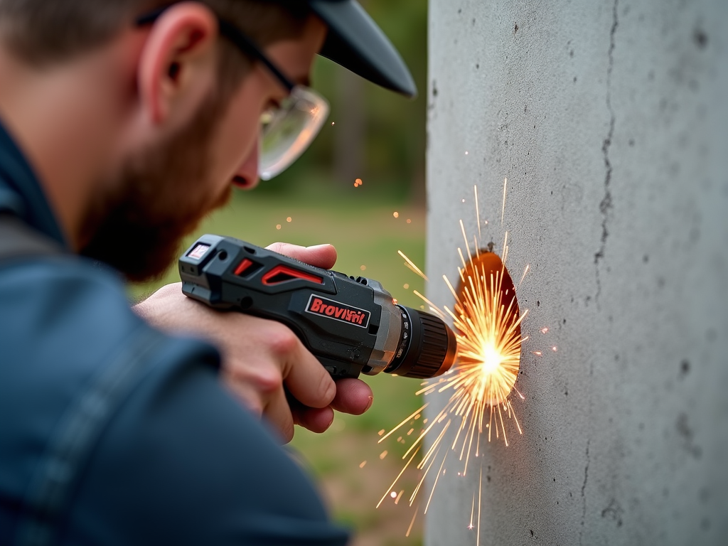 Worker drilling into concrete with power drill