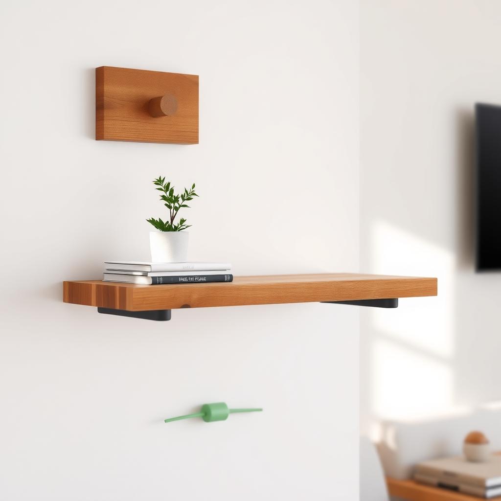 A rustic wooden floating shelf on a white wall, displaying a potted plant and books in a cozy living room.