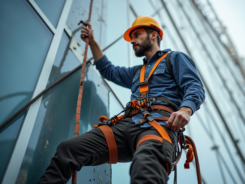 Construction worker using fall protection equipment