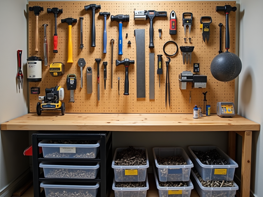 Pegboard and rolling cart with organized tools