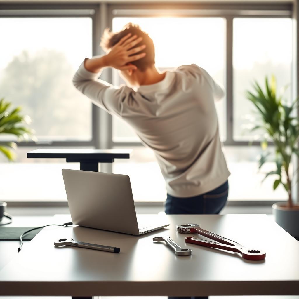 Person stretching at a standing desk with a laptop, timer app, and ergonomic wrenches in a bright office.