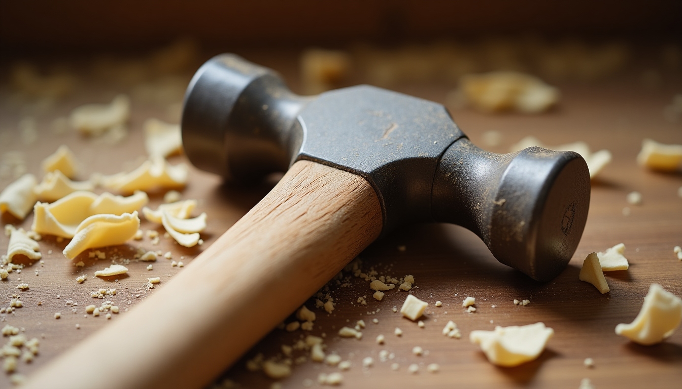 A well-worn hammer on a workbench, ready for action.