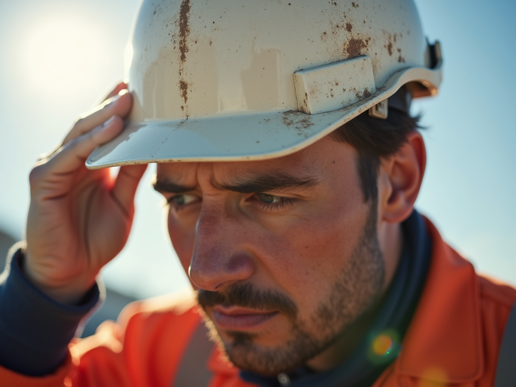 Workman checking safety helmet