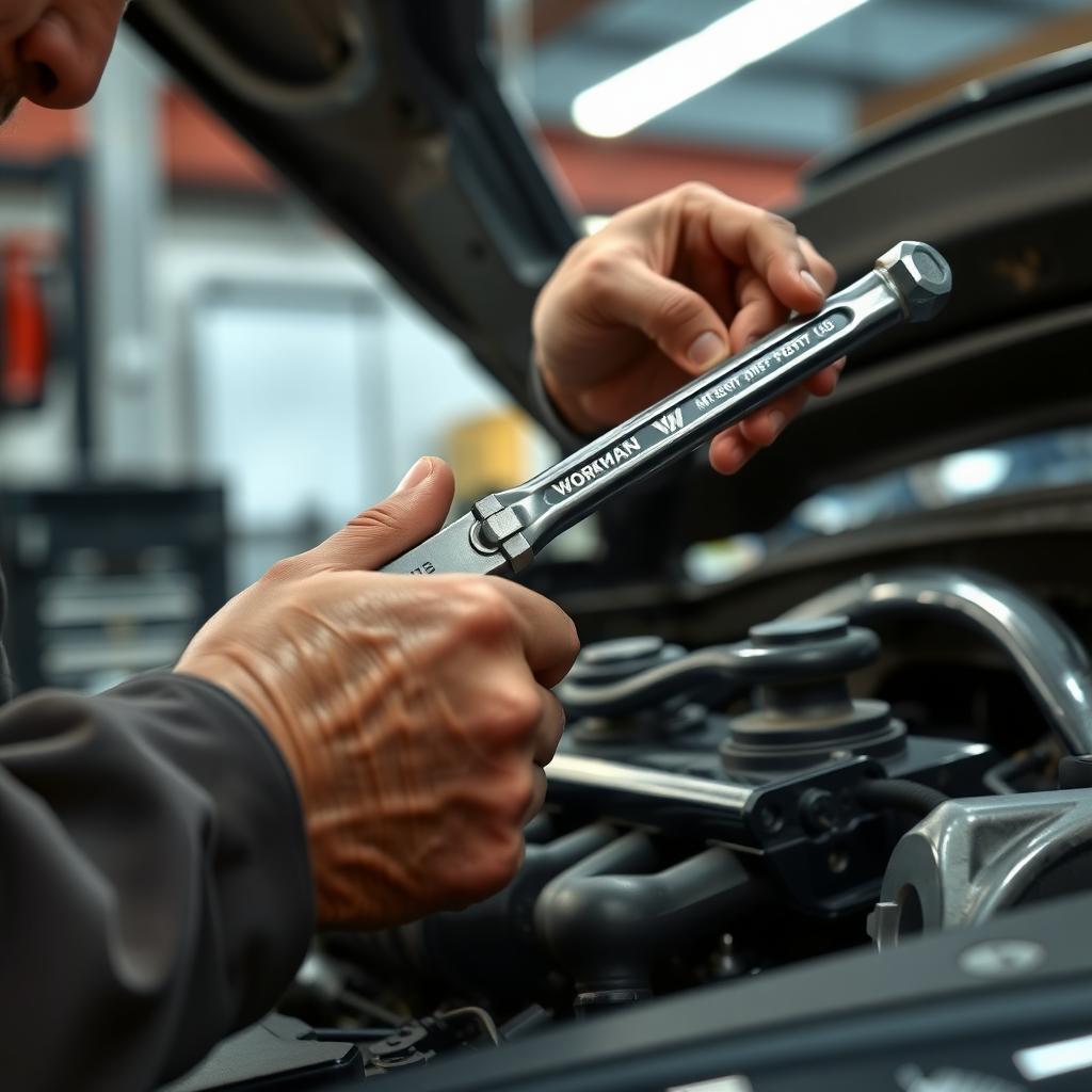 Mechanic using a workman torque wrench on a car engine in a garage