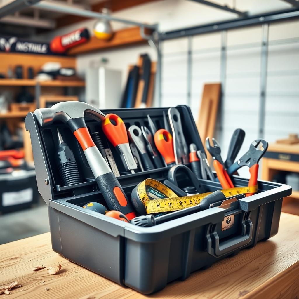 Organized toolbox with hammer, screwdrivers, tape measure, and pliers on a wooden workbench in a garage.