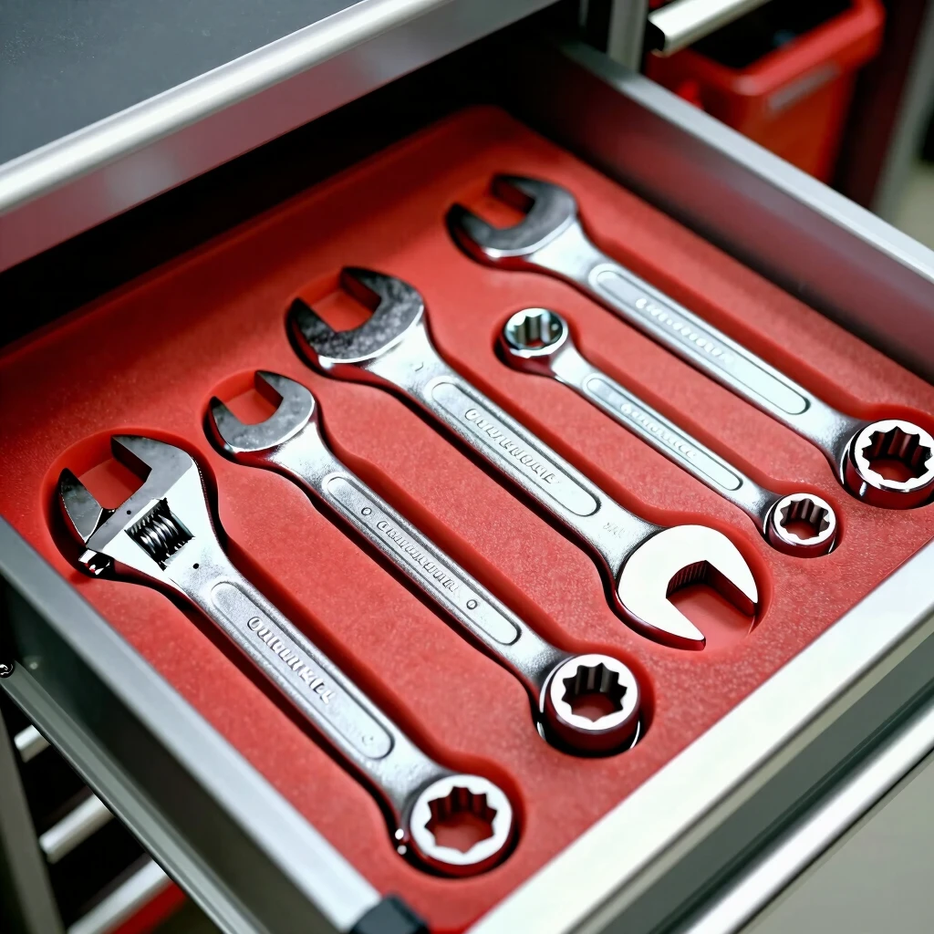 Drawer organized with various wrenches in foam slots
