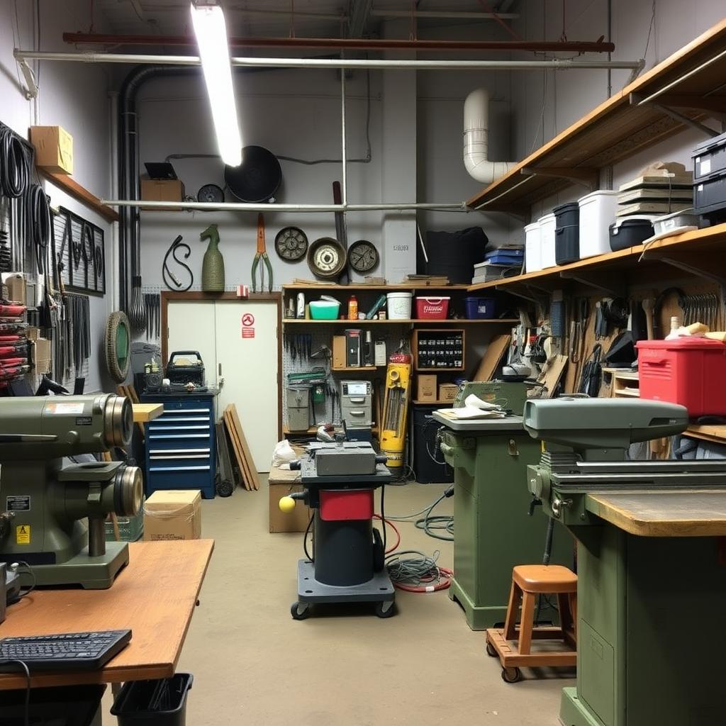 A tidy workshop with tools neatly arranged on shelves and workbenches.
