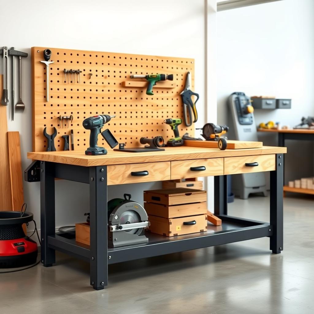 Modern professional workbench with organized tools in a clean workshop