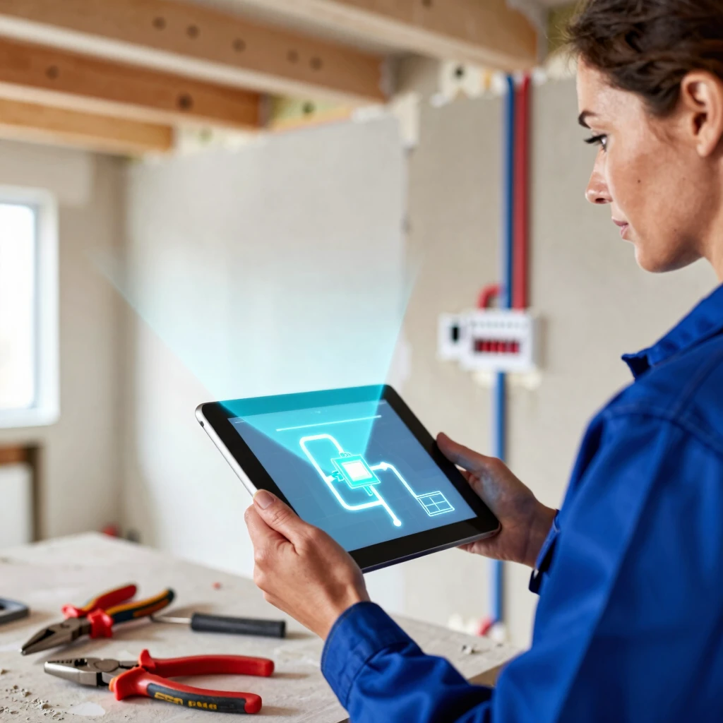 Electrician using AR tablet to visualize and install electrical wiring in a construction site