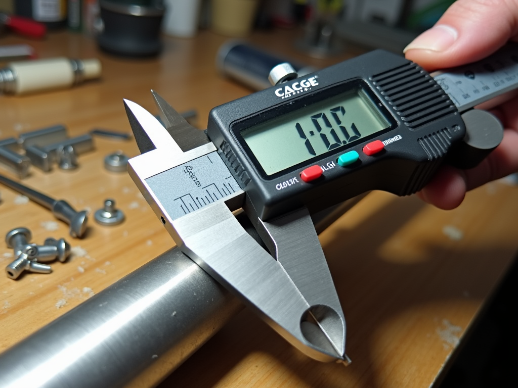 Digital caliper measuring a metal rod