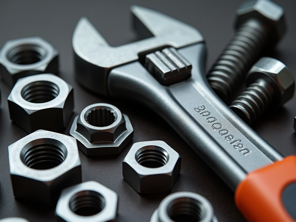 An adjustable wrench positioned against a background of various fasteners, demonstrating its versatility and size adjustment.
