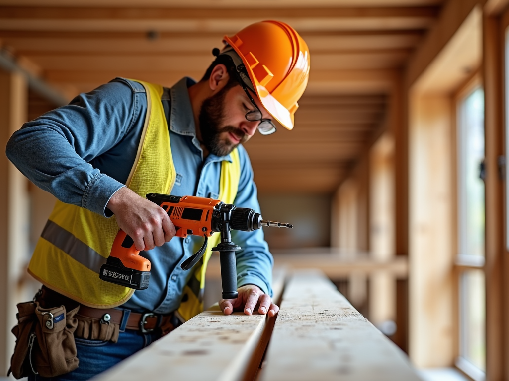 Worker drilling with safety gear