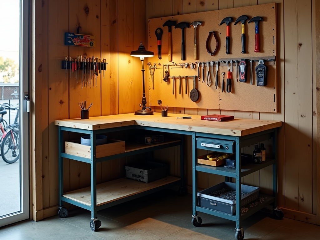 Small workshop with pegboard, magnetic strip, and rolling cart