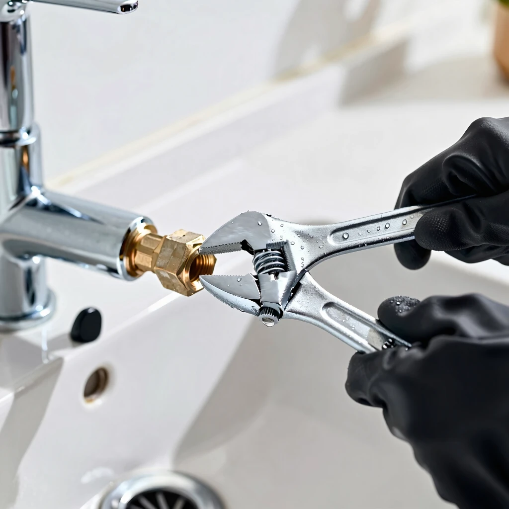 Hand tightening pipe with adjustable wrench under kitchen sink