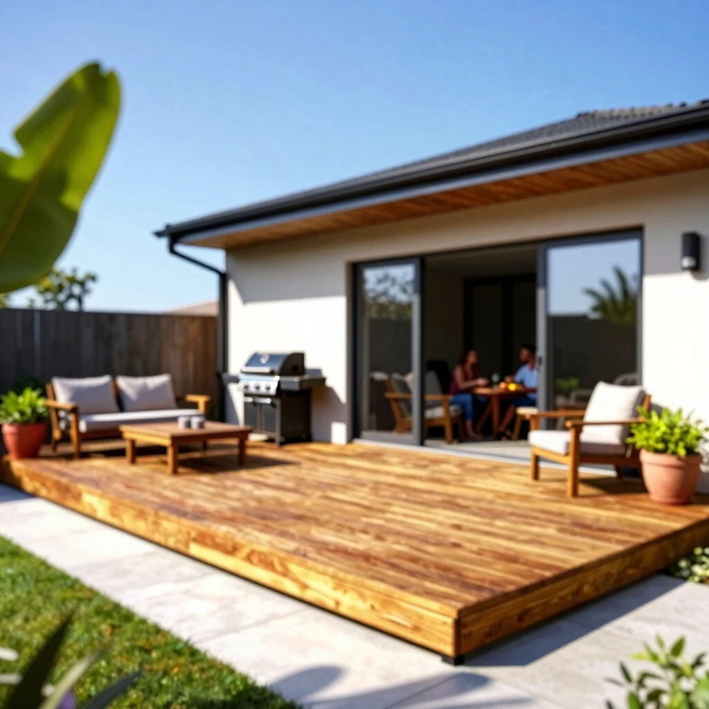 Finished outdoor wooden deck with furniture and grill in a sunny backyard