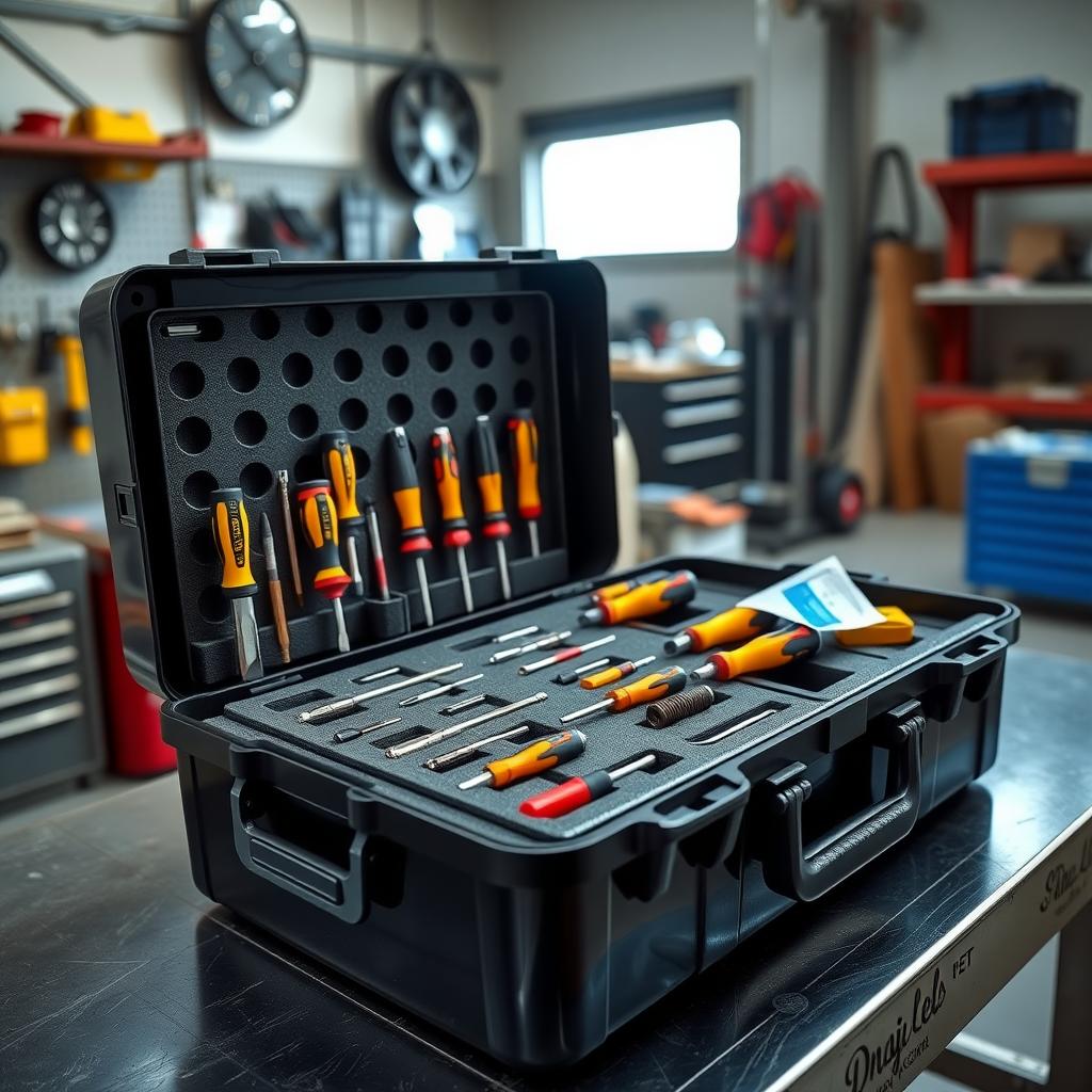 Organized toolbox with screwdrivers and silica gel packet