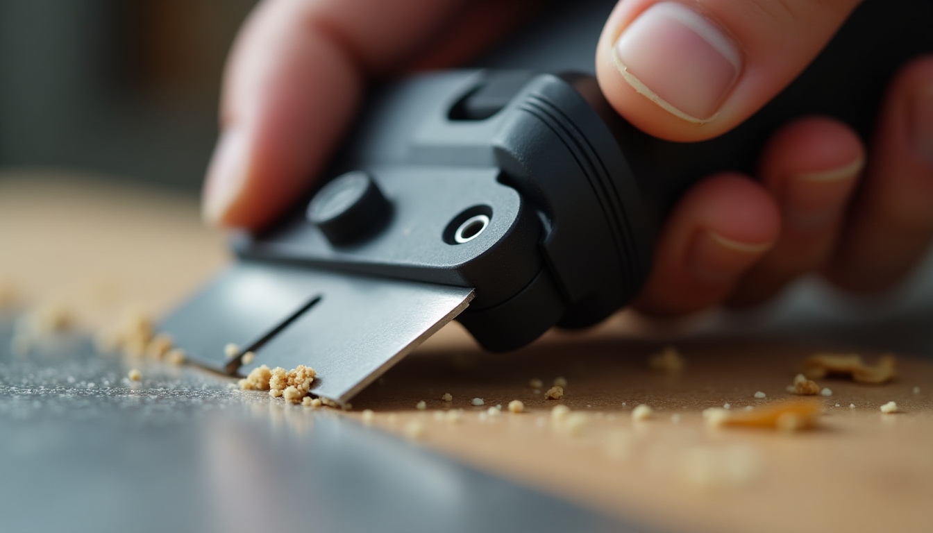 Hands demonstrating the use of an ergonomic cutting tool on a wooden board, showing precision and ease of use.