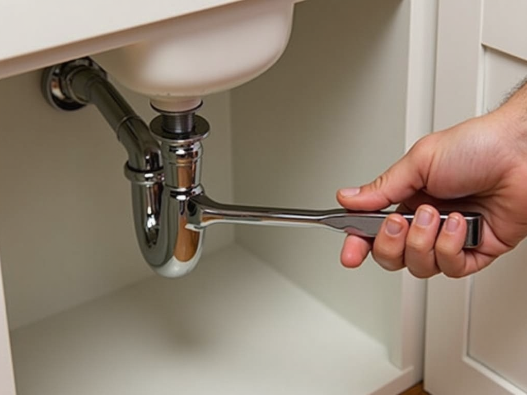 Basin wrench tightening a nut under a sink