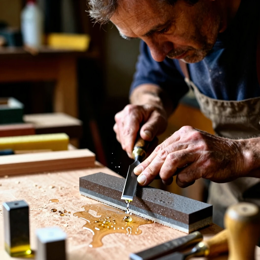 Woodworker sharpening a chisel on a whetstone
