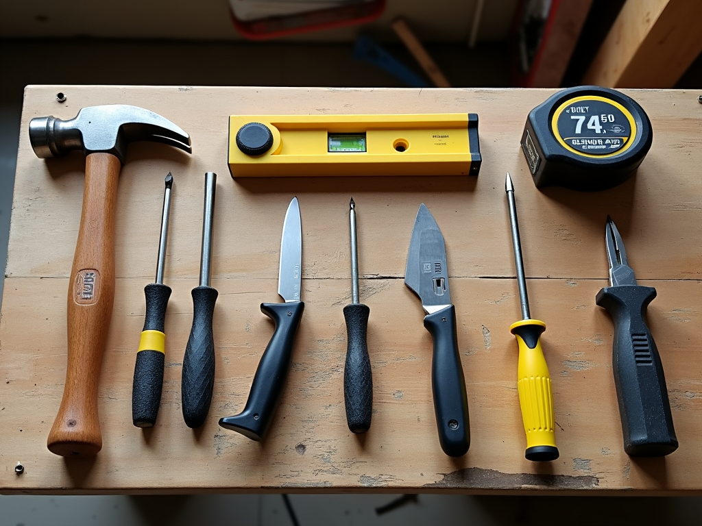 Essential DIY tools for beginners, including a hammer and screwdrivers, arranged on a workbench