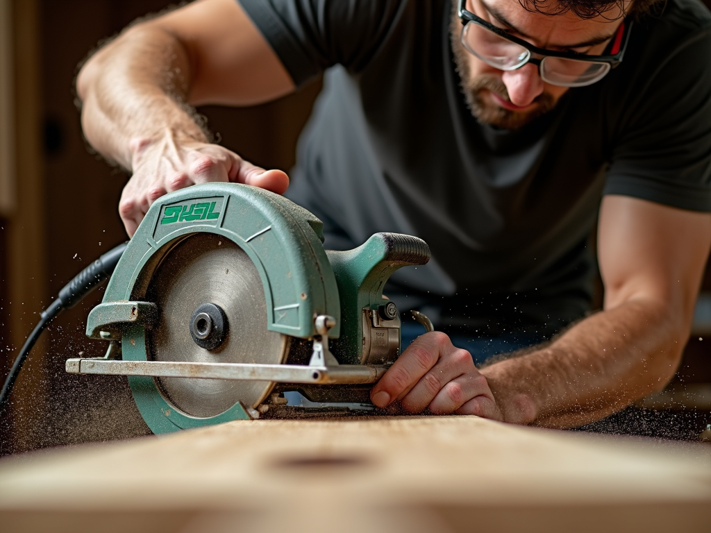 Using a circular saw in a workshop