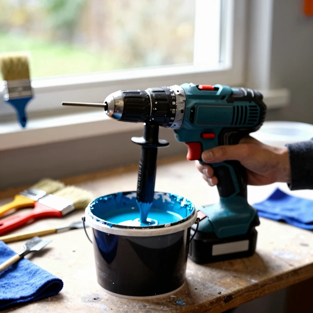 Power drill with mixing paddle in action