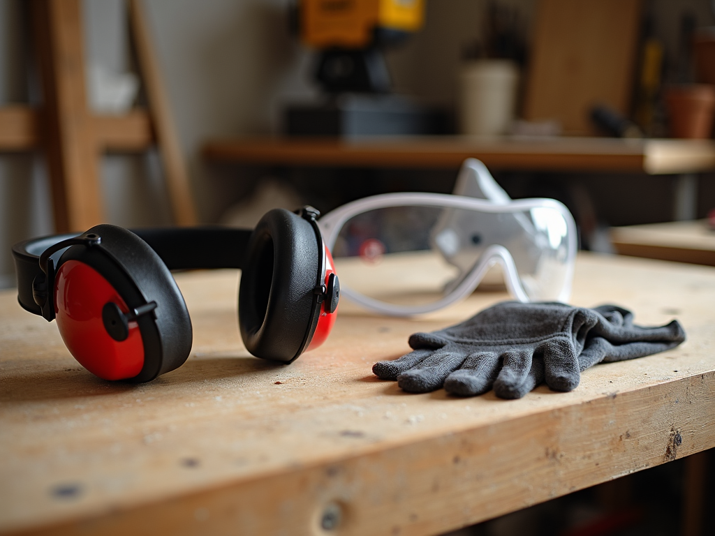 Safety gear laid out on a workbench