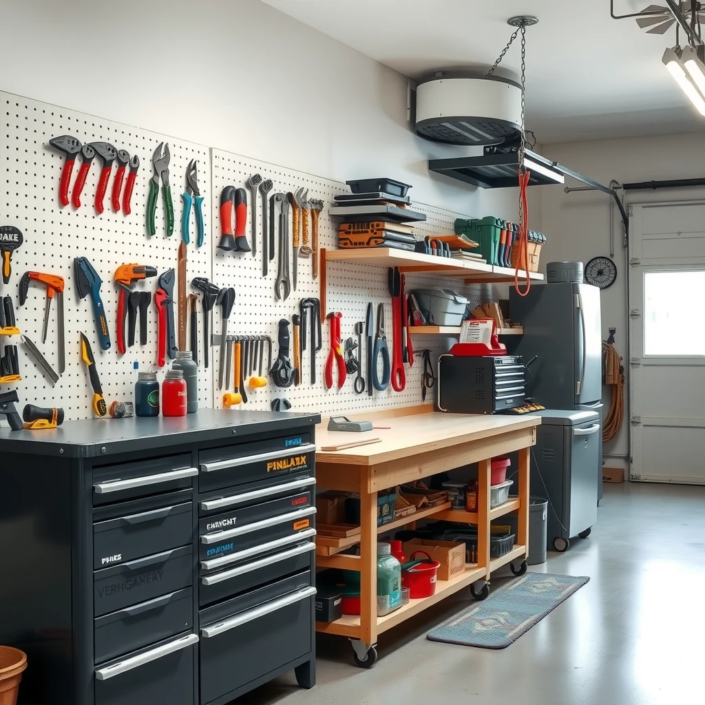 Well-organized workshop with tools on pegboards and shelves