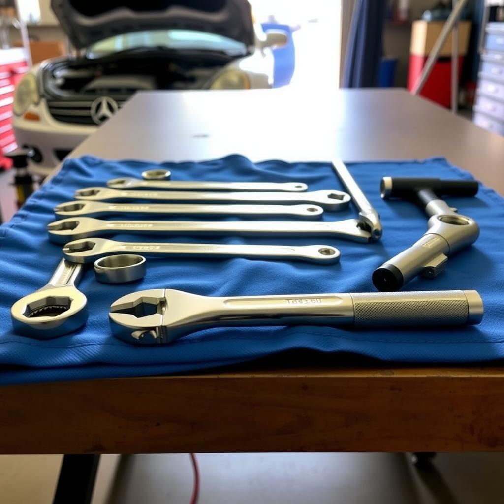 A workbench displaying a set of combination wrenches, an adjustable wrench, and a torque wrench, arranged on a blue cloth in a well-lit garage.