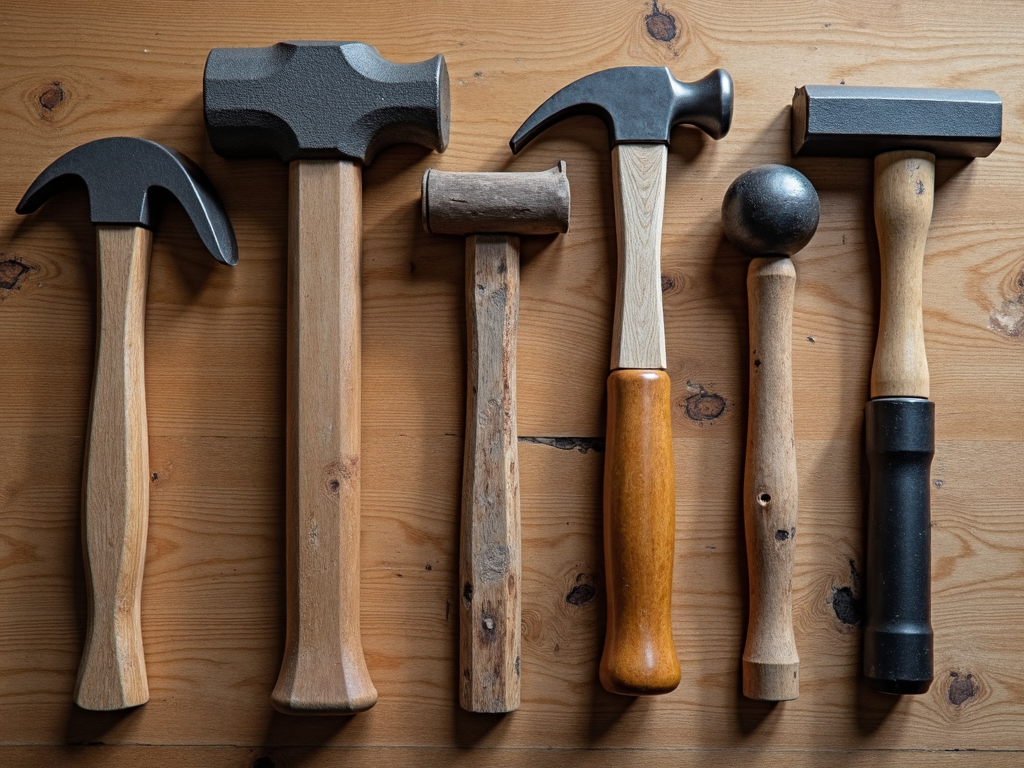 Assortment of hammers on a table
