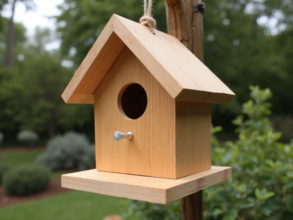 Completed wooden birdhouse in a garden setting