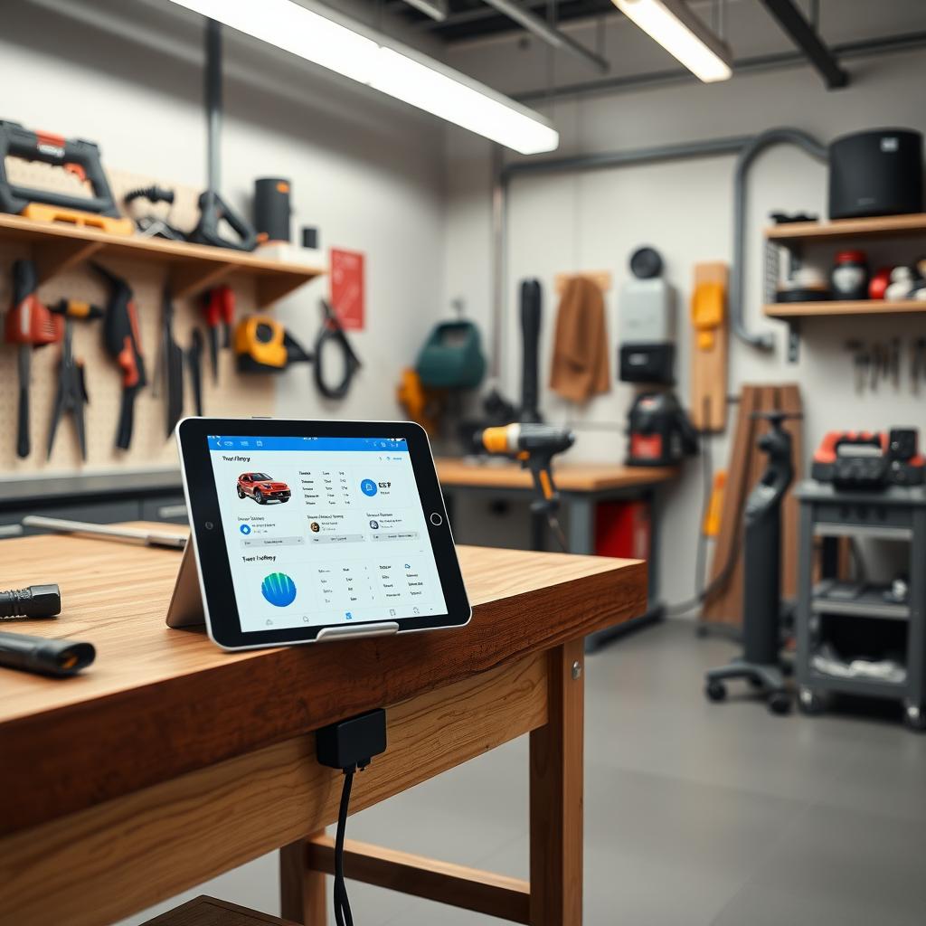 Modern workshop with a tablet showing a tool inventory app and a smart power strip.