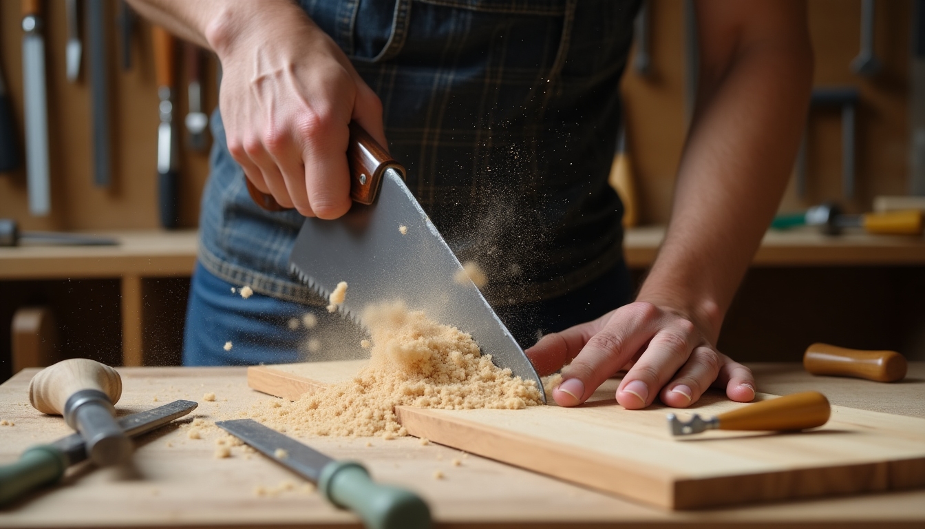 Sawing wood with a handsaw.