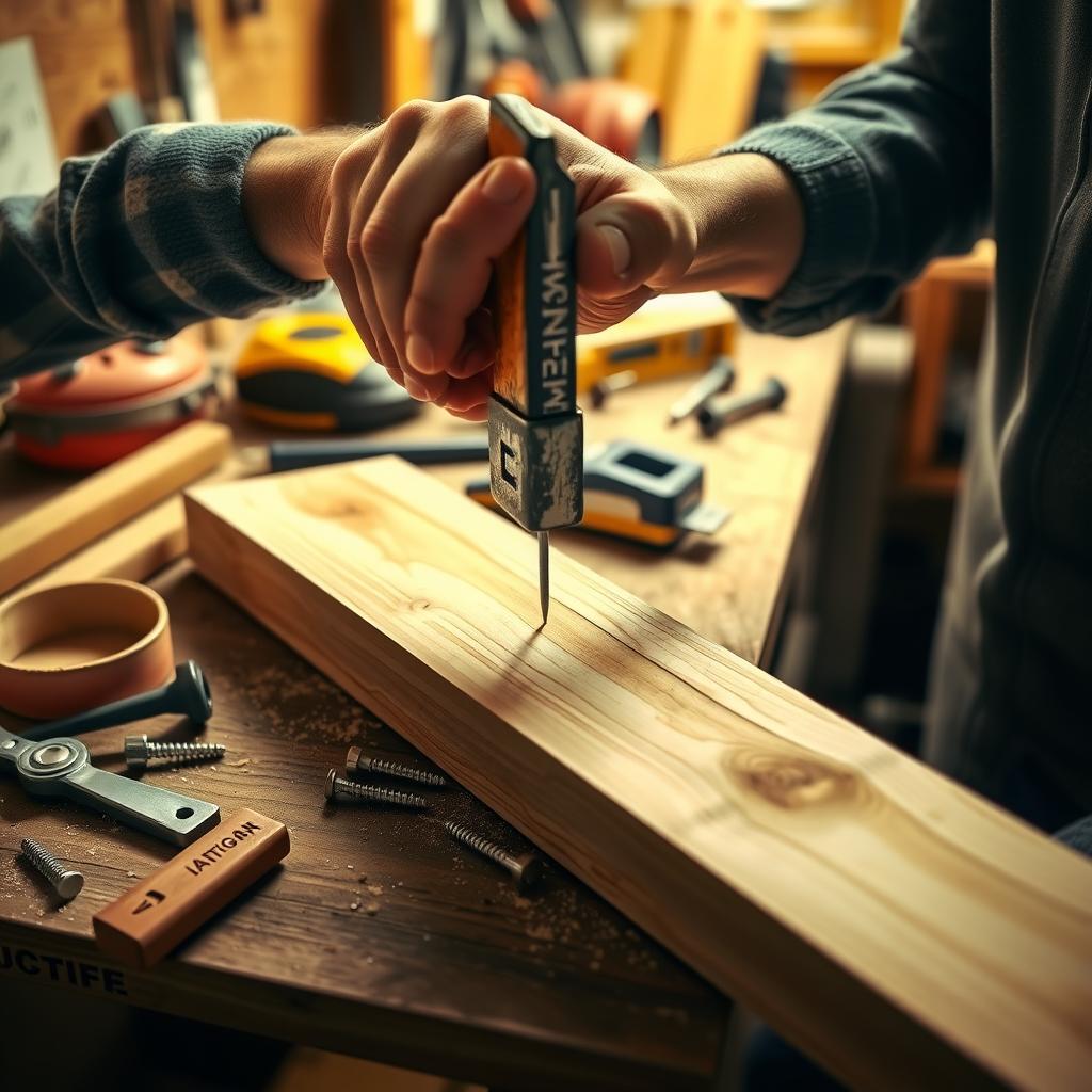 Handyman’s hands using a claw hammer to drive a nail into wood on a workbench.