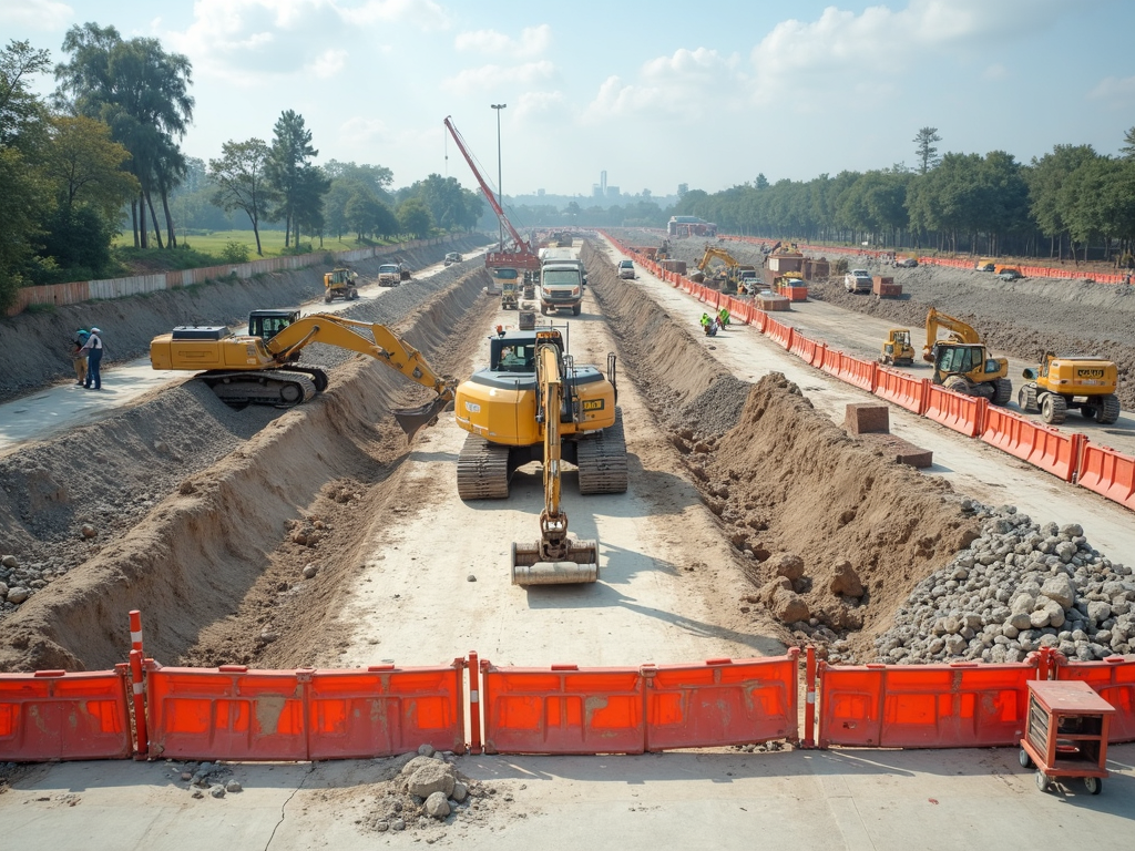 Safe construction site with workers and tools