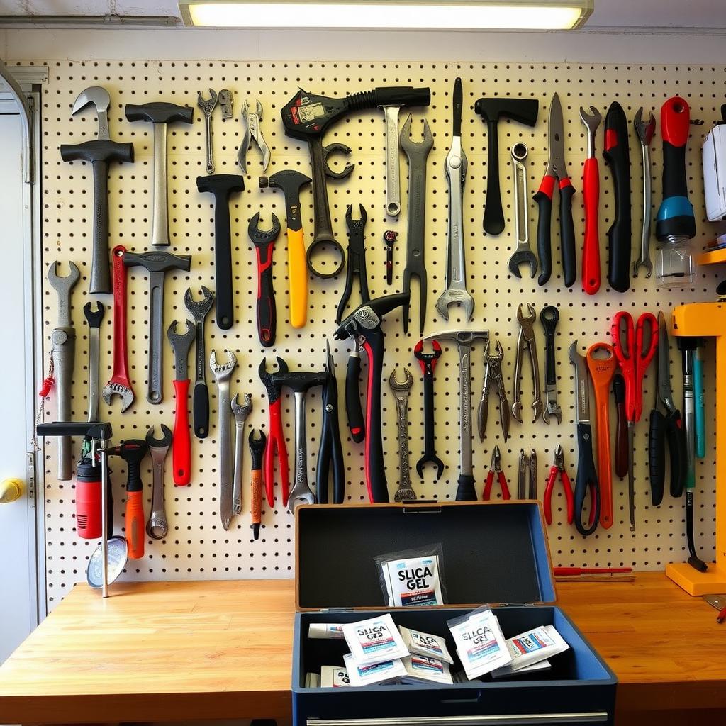 An organized garage workshop with tools neatly hung on a pegboard and a toolbox on a workbench.