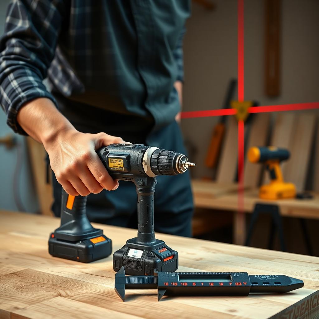 Craftsman using a cordless drill with a laser level and digital caliper in a productive workshop.