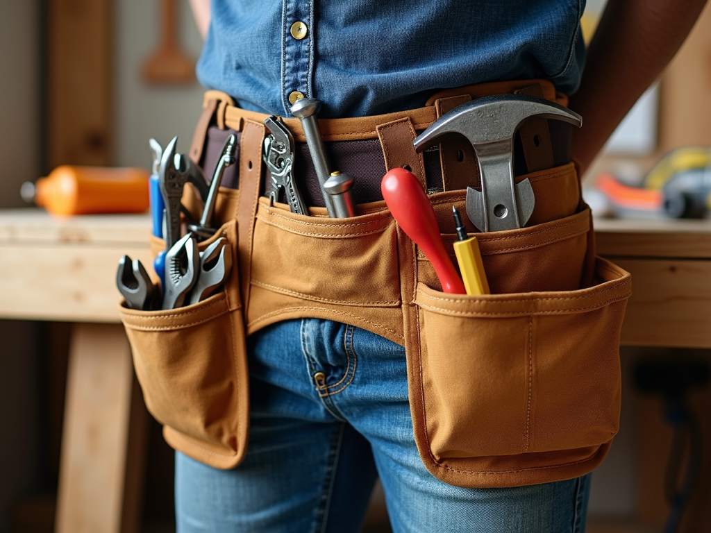 Contractor's tool belt with essential tools on a workbench