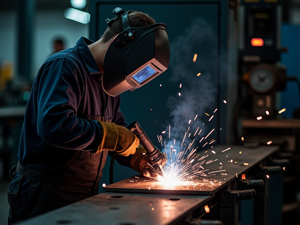 A welder joining metal pieces with a welding machine
