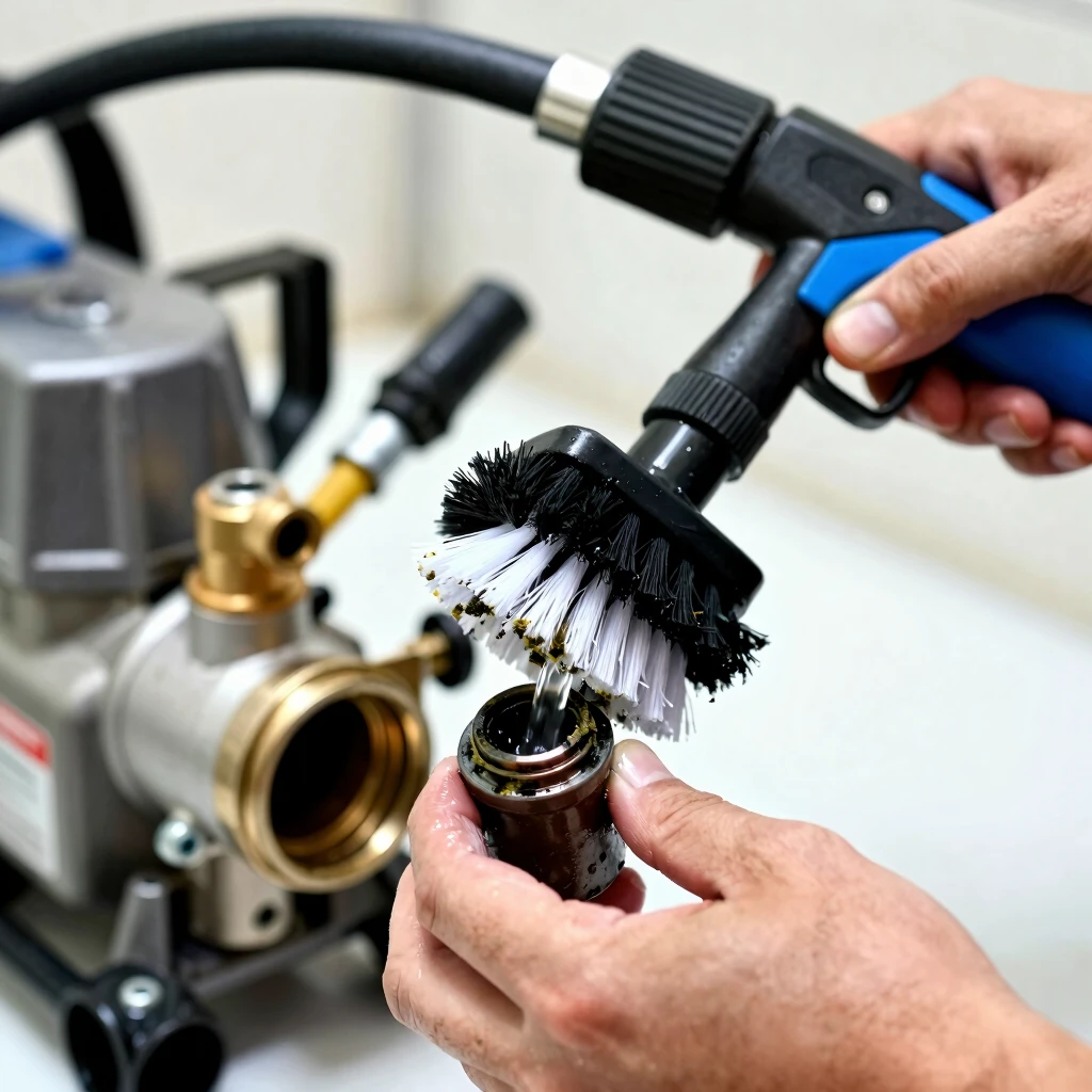 Close-up of cleaning a pressure washer pump and filter to remove debris
